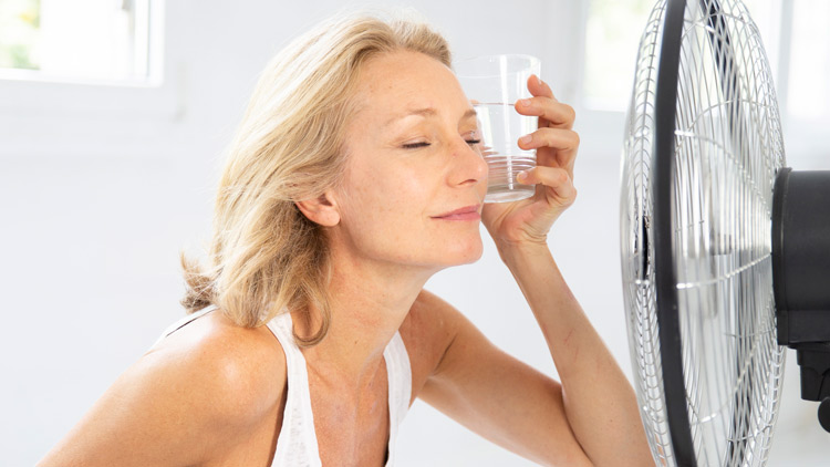Frau kühlt ihr Gesicht mit einem Wasserglas und einem Ventilator, Copyright Panthermedia