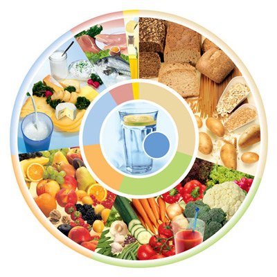 Ernährungskreis mit den Sieben Elementen: Getreide, Gemüse, Obst, Milch, Fleisch, Fette und Getränke