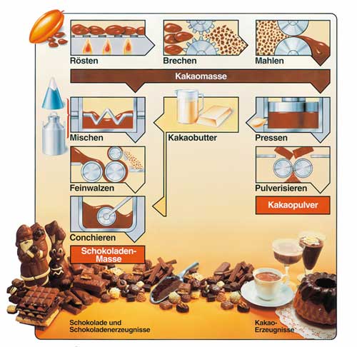 Das Ablaufdiagramm zeigt die Abfolge der Tätigkeiten bei der Herstellung von Schokolade. Die Kakaobohne wird geröstet, dann gebrochen, dann gemahlen. Das Produkt, die Kakaomasse, wird entweder durch pulverisieren zu Kakaopulver weiterverarbeitet oder mit Kakaobutter gemischt. Nach dem Feinwalzen und Conchieren entsteht die Schokoladenmasse