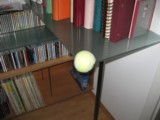 Auf Ecke einer Glastischplatte aufgesteckter Tennisball